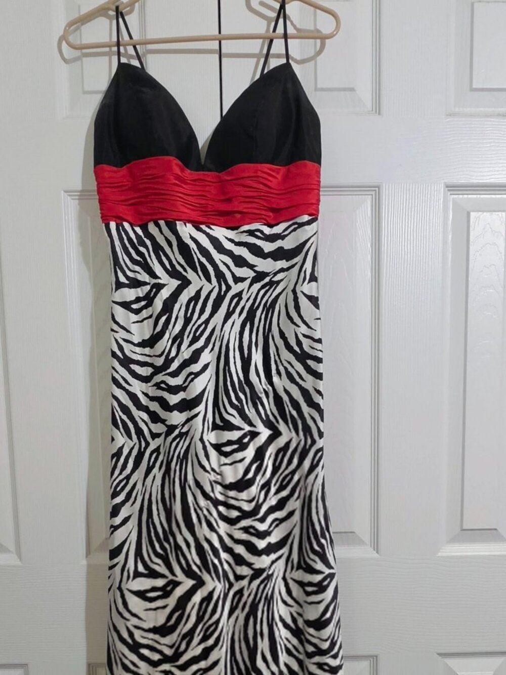 Vintage Jovani 100% Silk Zebra Print Formal Gown with Dramatic Red Back Bow